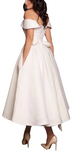 Satin Off-The-Shoulder Tea Length Bridal Gown