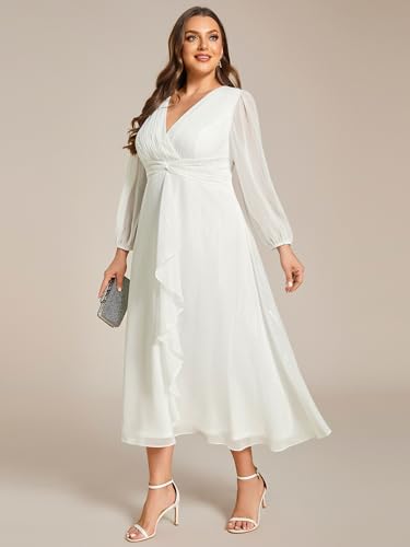 Plus Size Cream V Neck A Line Midi Dress