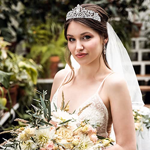 Bridal Tiara and Veil Set in White and Silver