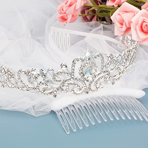 Bridal Tiara and Veil Set in White and Silver