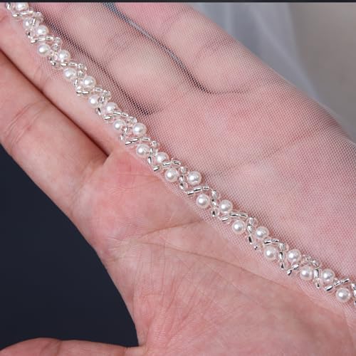 Elegant Pearl and Crystal Bridal Veil, Fingertip Length