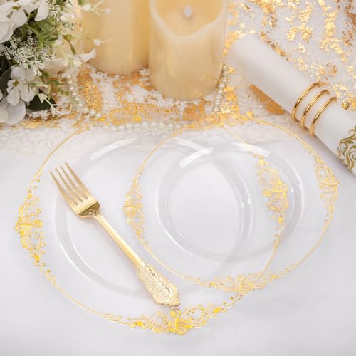 350PCS Clear Gold Plastic Plates & Dinnerware Set