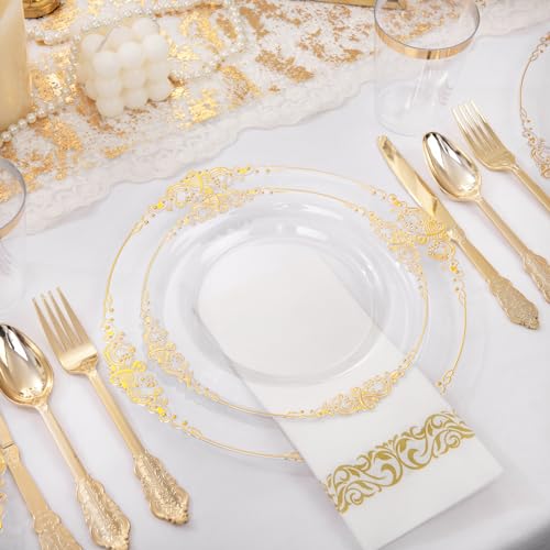 350PCS Clear Gold Plastic Plates & Dinnerware Set