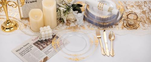 350PCS Clear Gold Plastic Plates & Dinnerware Set