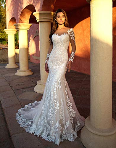 Long Sleeve Boho Lace Wedding Dress - White