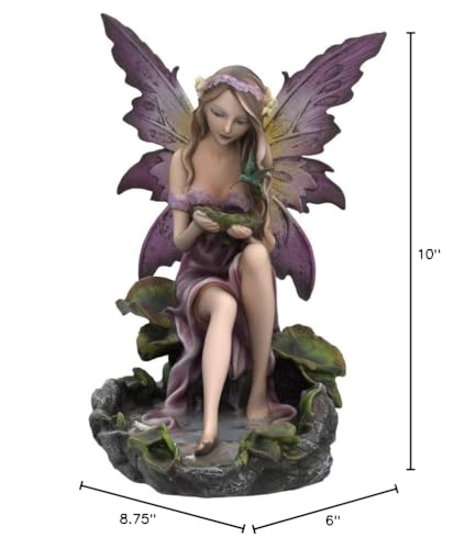 Purple Winged Fairy by Pond Statue 10 Inch