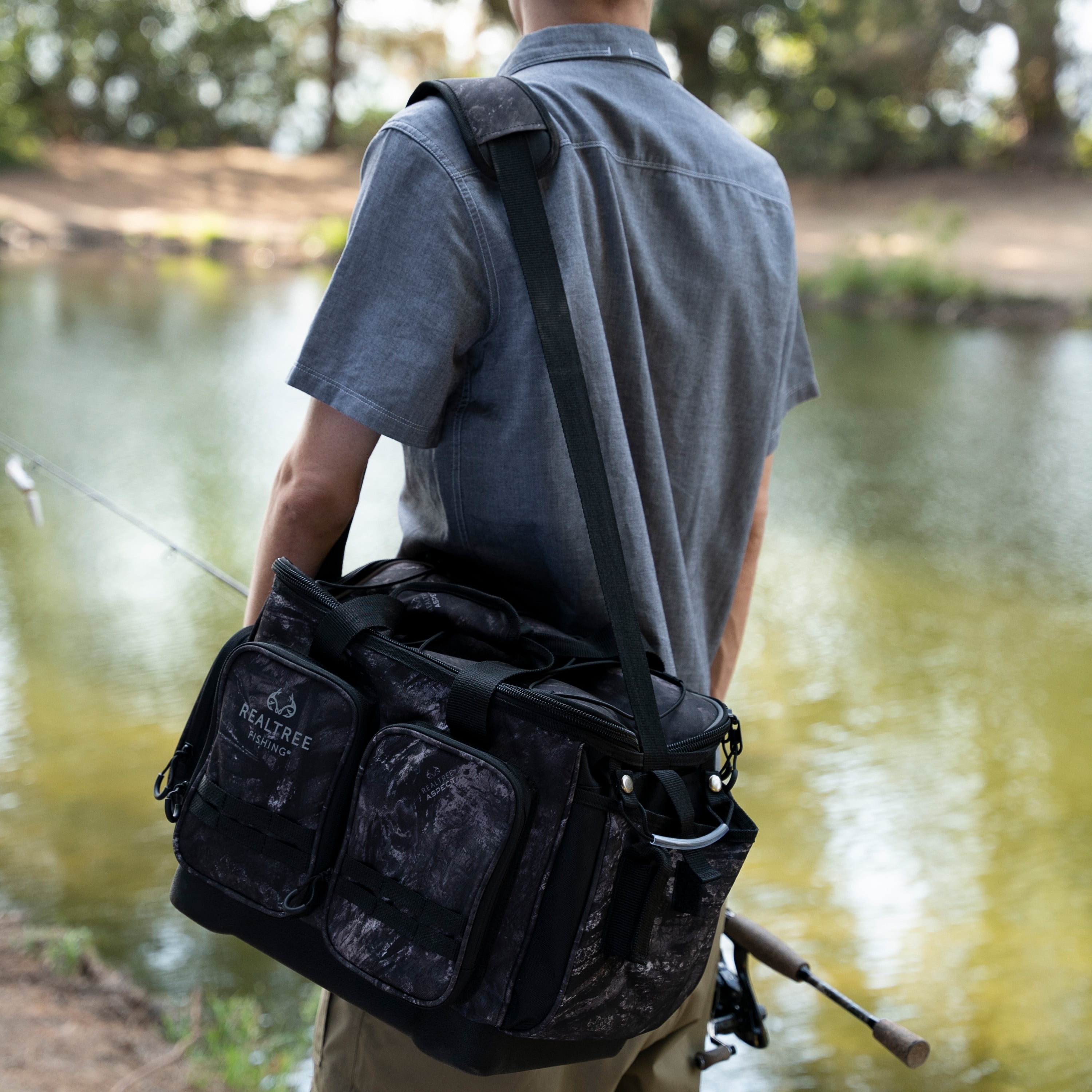 Large 36L Gray Camo Tackle Bag for Fishing