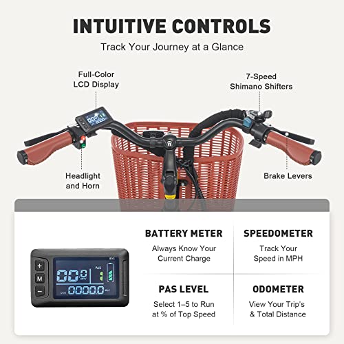 Viribus Women's Electric Bike with Basket, 40+ Mile Range