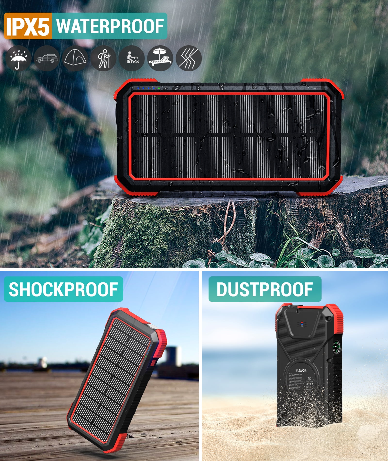 BLAVOR 20000mAh Solar Power Bank with Wireless Charging