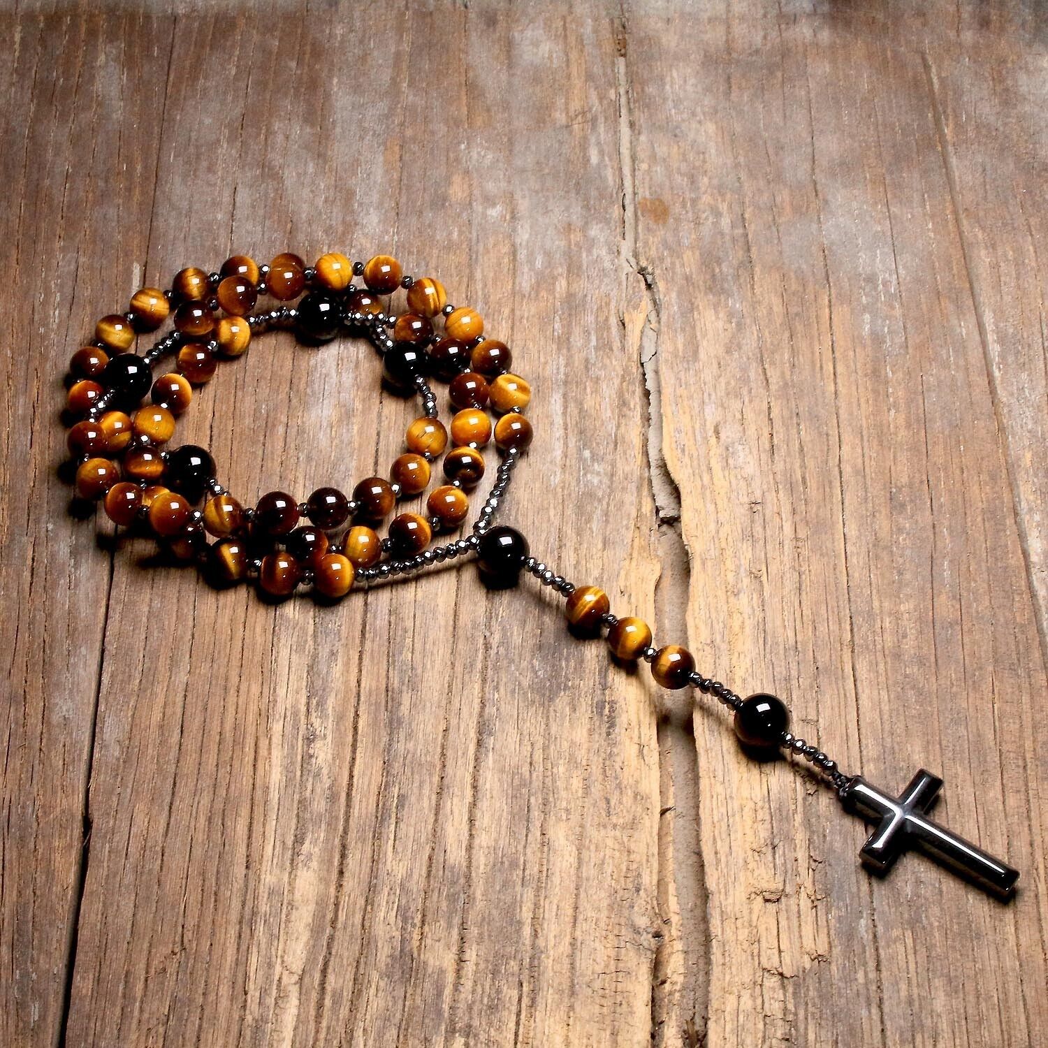 Tiger's Eye Healing Necklace with Hematite Cross