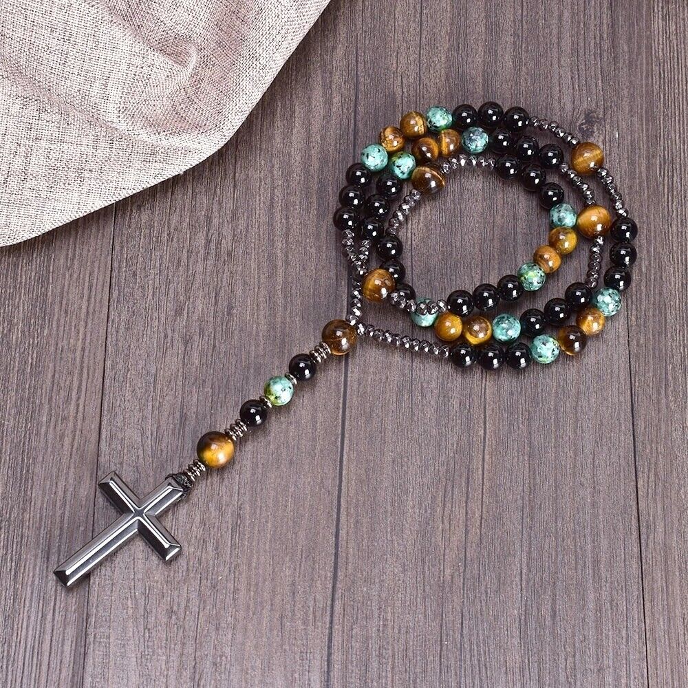 Turquoise Tiger Eye Mala Necklace with Cross Pendant