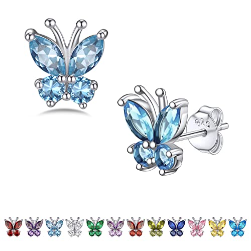 Aquamarine Butterfly Silver Stud Earrings