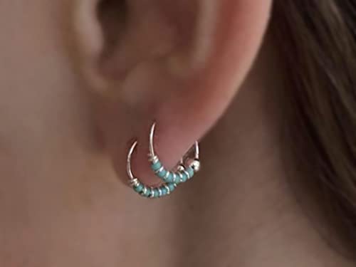 Tiny 10mm Sterling Silver Turquoise Hoop Earrings