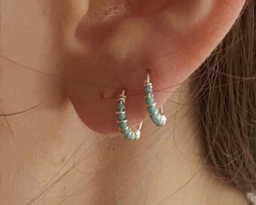 Tiny 10mm Sterling Silver Turquoise Hoop Earrings