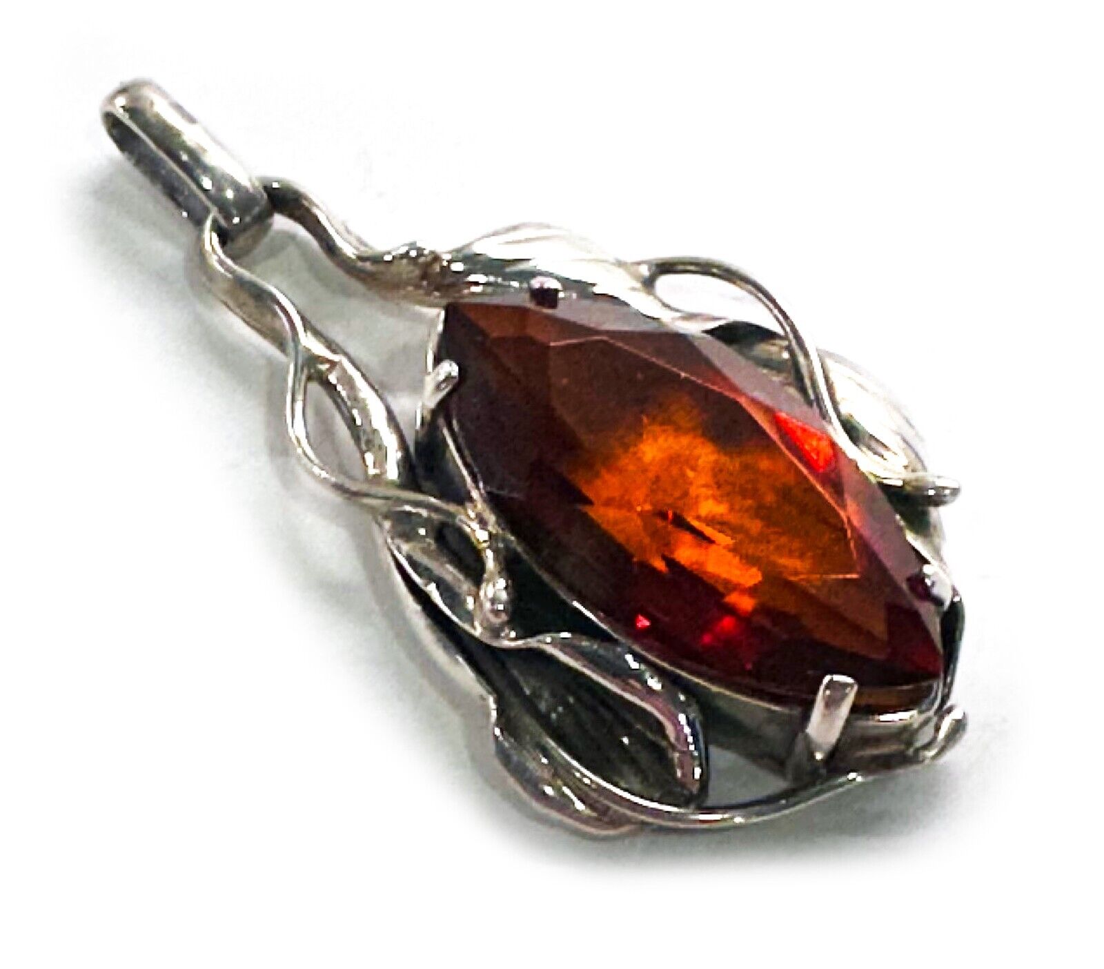 Faceted Cognac Baltic Amber Silver Floral Pendant
