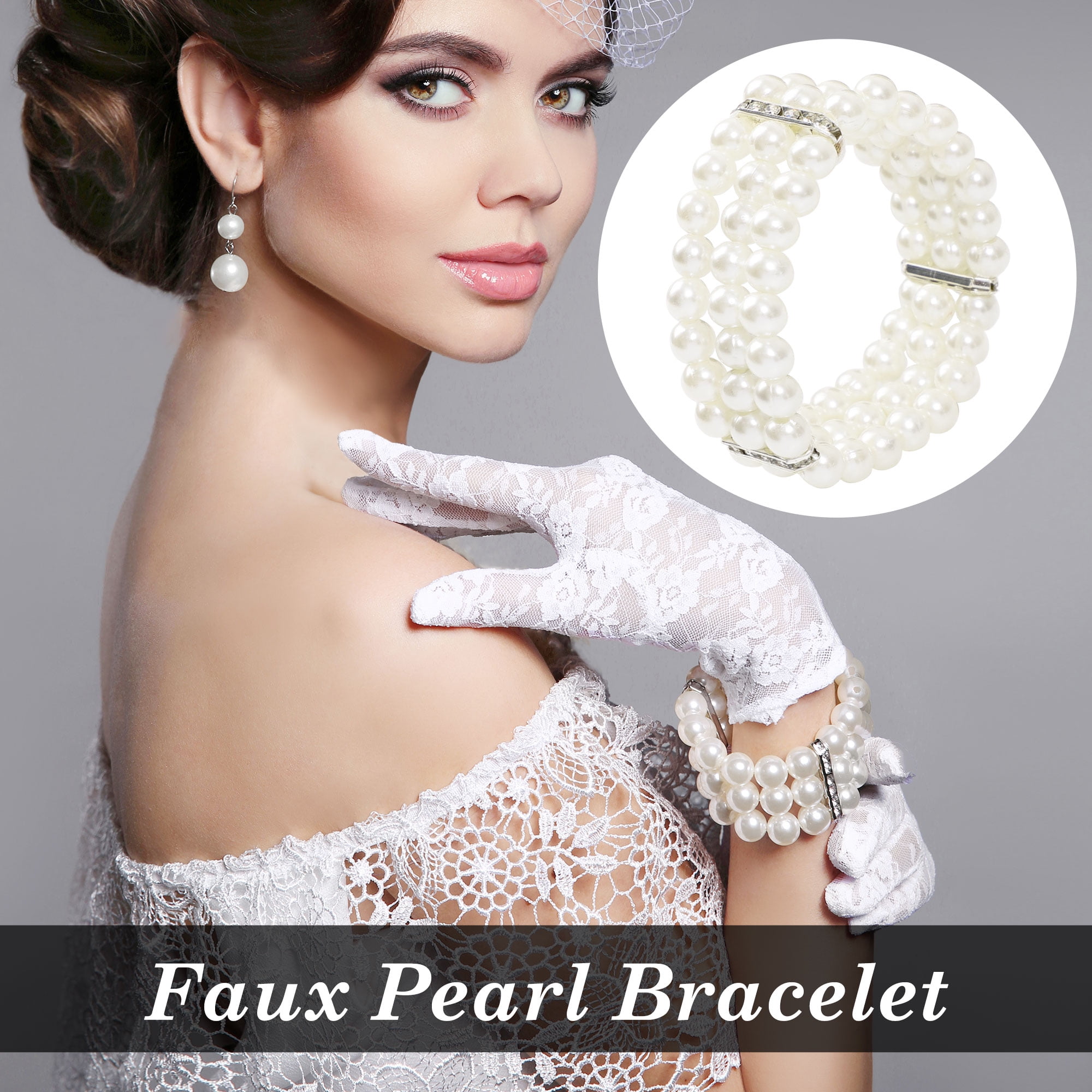 3-Row Stretch Pearl Bead Bracelet in Grey-White