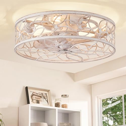 White Caged Flush Mount Ceiling Fan with Remote