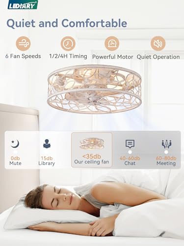 White Caged Flush Mount Ceiling Fan with Remote