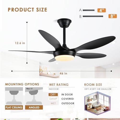 46-Inch Black Modern Ceiling Fan with Remote