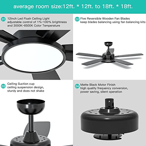 52 Inch Smart Black Ceiling Fan with Light