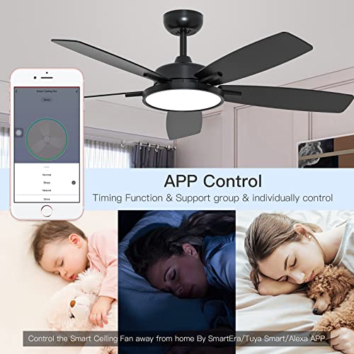 52 Inch Smart Black Ceiling Fan with Light
