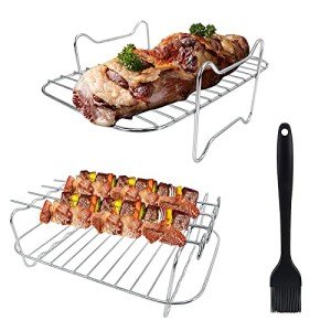2 Pcs Air Fryer Rack, 304 Stainless Steel Double Layer Rack Kitchen Air Fryer Accessories, with 4 Skewers and Brush Air Fryer Rack Suitable for Double Basket Air Fryer, Roasting Oven, Microwave