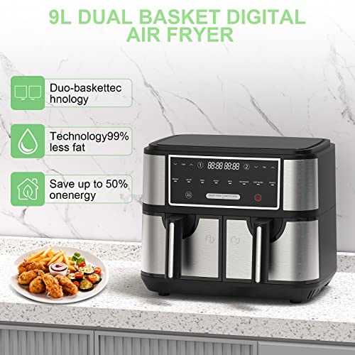 EUARY 9L Dual Basket Air Fryer Oven, 8-in-1 Compact