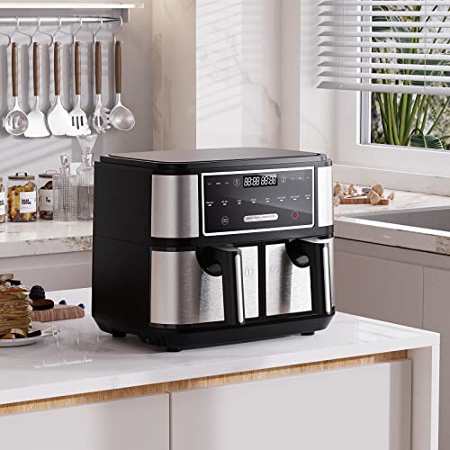 EUARY 9L Dual Basket Air Fryer Oven, 8-in-1 Compact