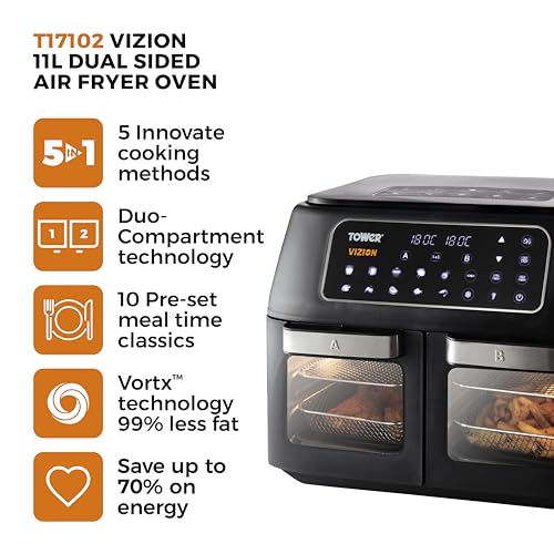 Tower T17102 Air Fryer Oven, Dual Compartment, 11L, Black