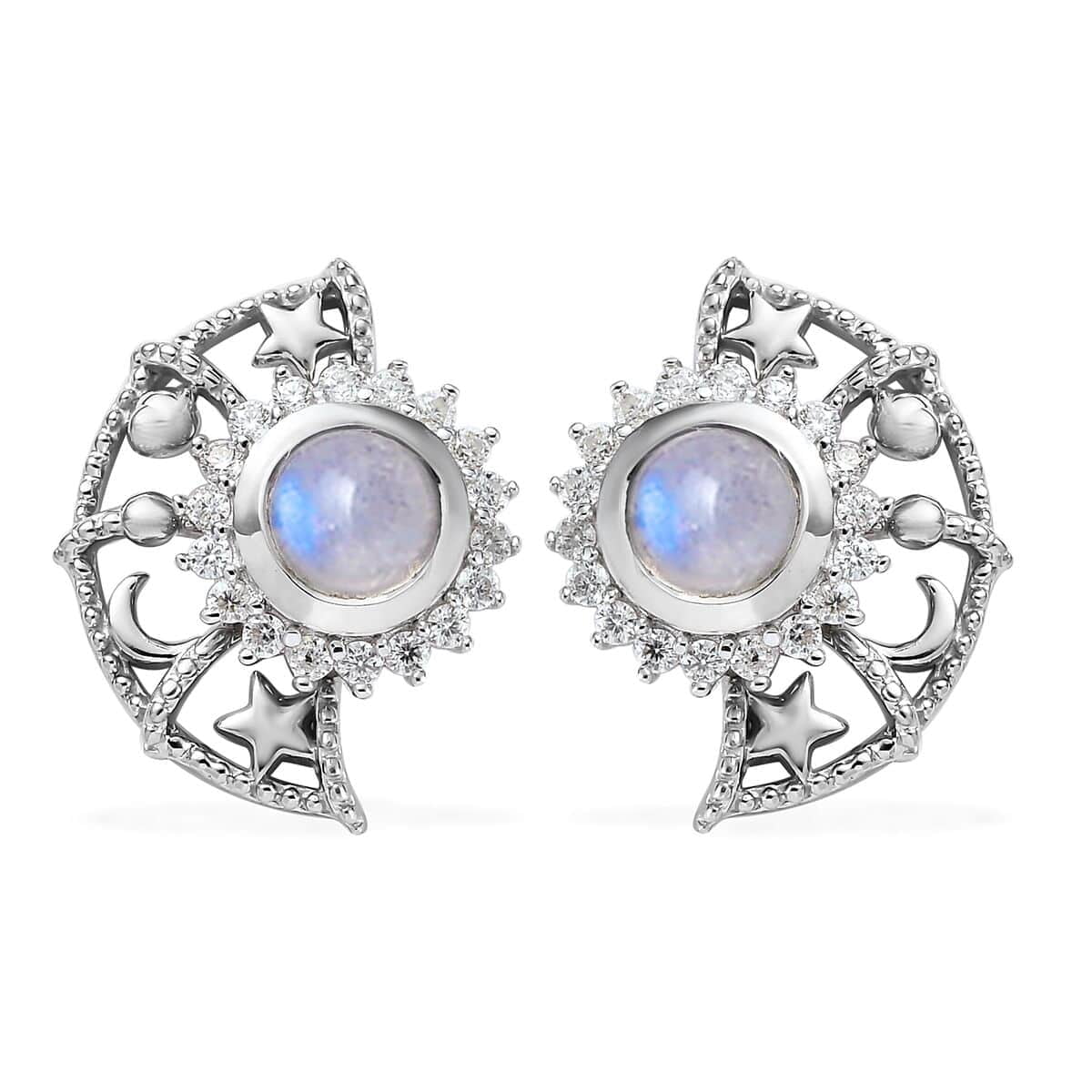 Rainbow Moonstone Moissanite Sun Moon Star Earrings