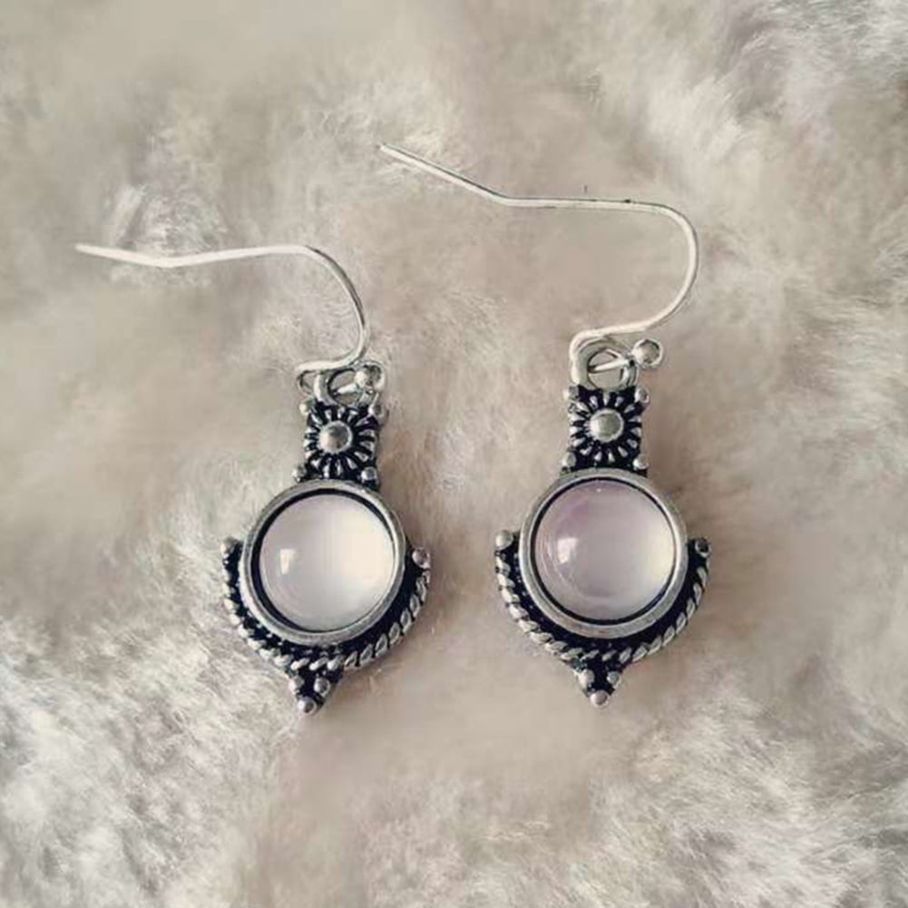 Vintage Women’s Faux Moonstone Round Dangle Earrings