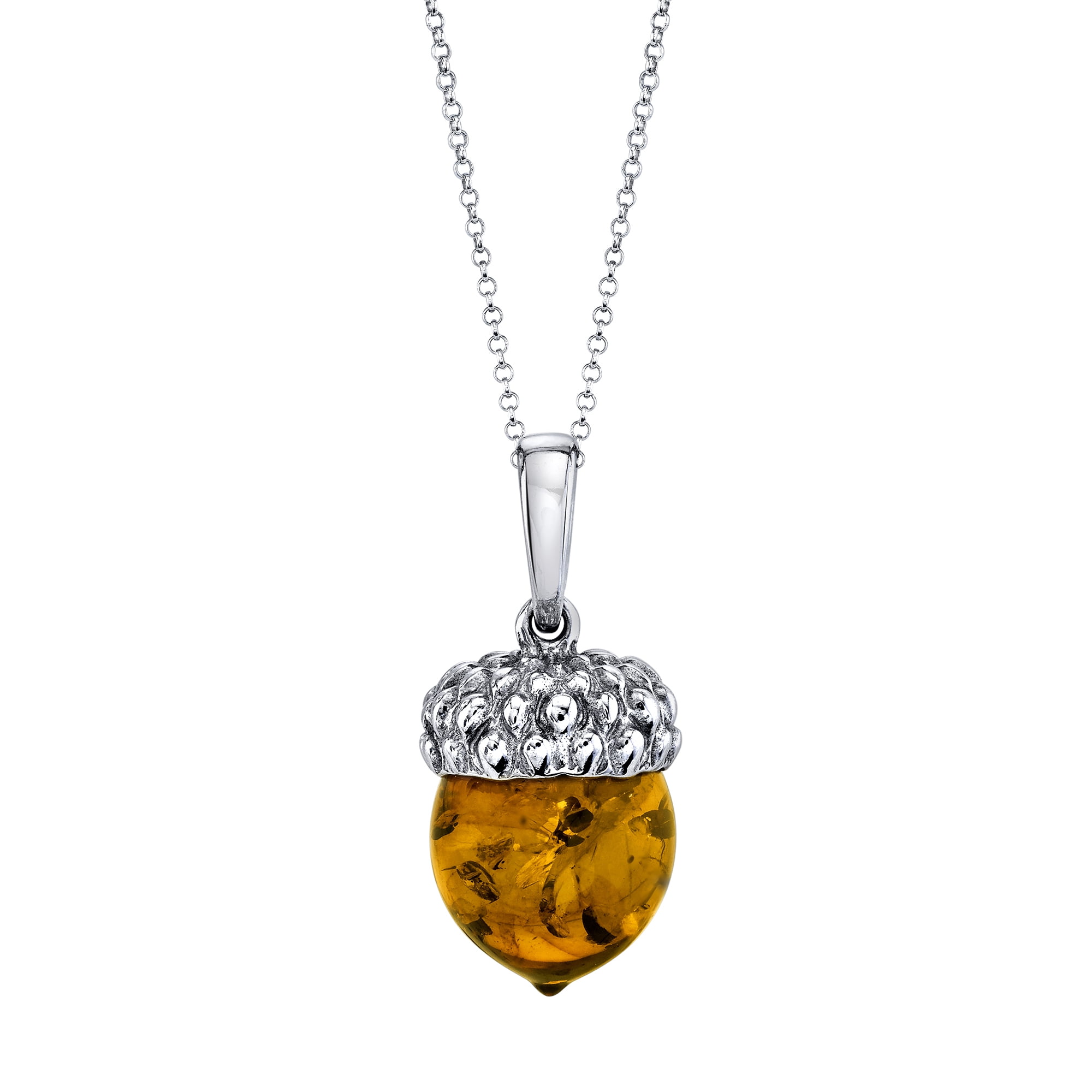 Cognac Baltic Amber Acorn Silver Pendant Necklace
