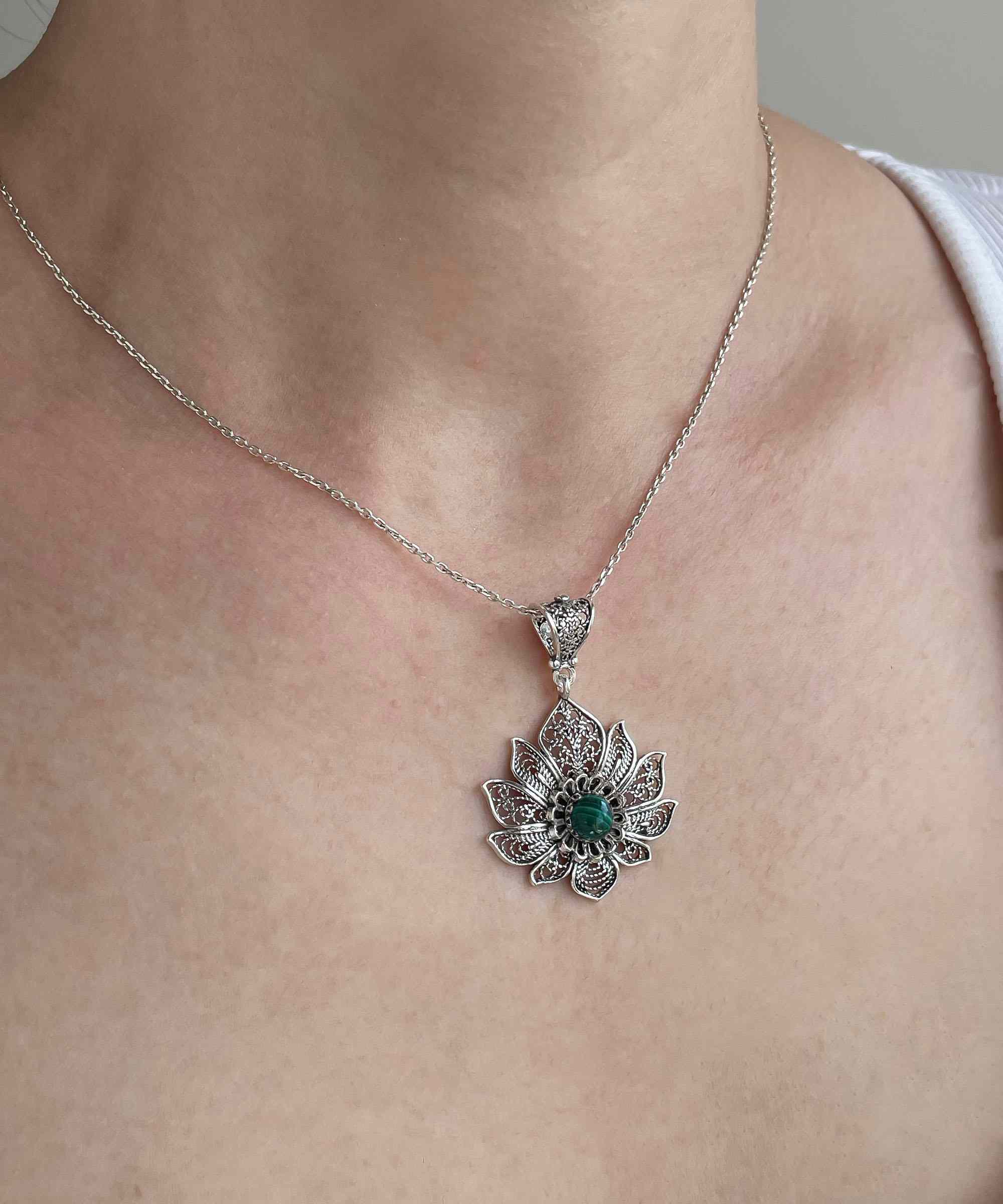 Lotus Flower Malachite Pendant Necklace in Silver