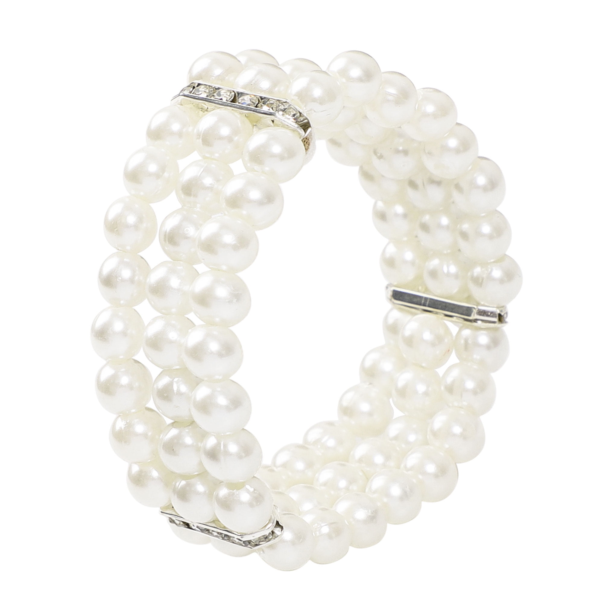 Triple Row Pearl Bead Stretch Bracelet in Grey White