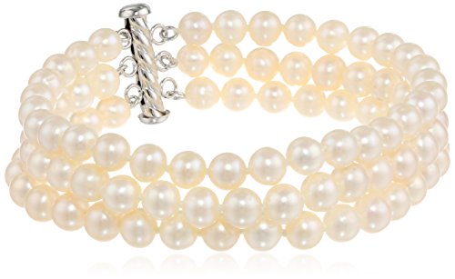 Three-Row White Freshwater Pearl Bracelet in Silver