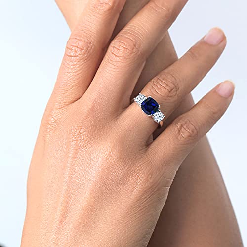 Blue Sapphire & White Zirconia Silver 3-Stone Ring