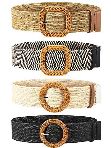 Woven Straw Elastic Waist Belt with Wooden Buckle