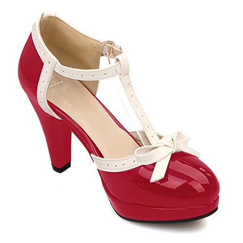 Red Patent T-Strap Bow Platform Heels for Women