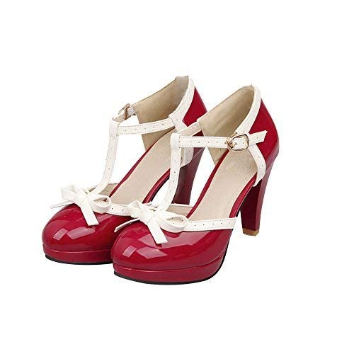 Red Patent T-Strap Bow Platform Heels for Women