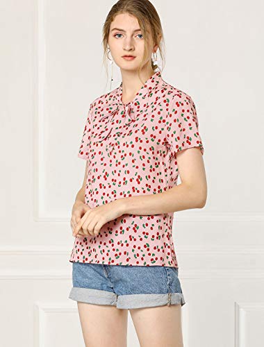 Pink Cherry Bow Tie Neck Chiffon Blouse