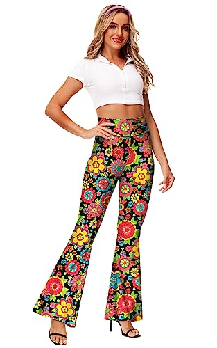 Black Floral High Waist Bell Bottom Pants for Women