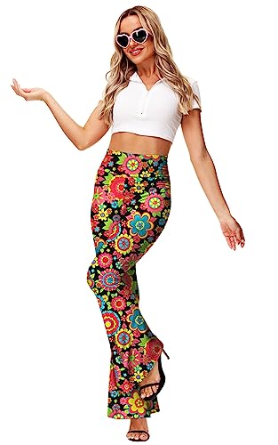 Black Floral High Waist Bell Bottom Pants for Women
