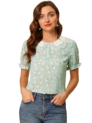 Allegra K Vintage Floral Peter Pan Blouse, Green