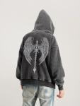 Y2K Acid Wash Gothic Skull Wing Hoodie