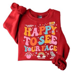 Happy Face Teacher Sweatshirt - Oversized Red Tee