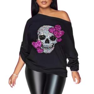 Vintage Gothic Skull Off The Shoulder Tee for Women