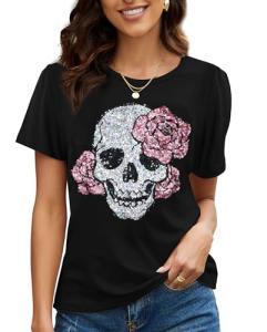 Vintage Gothic Skull Sequin T-Shirt for Women