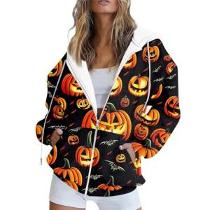 Women's Halloween Ghost Print Zip-Up Hoodie
