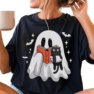 Cute Ghost Cat Book Lover T-Shirt