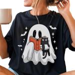 Cute Ghost Cat Book Lover T-Shirt